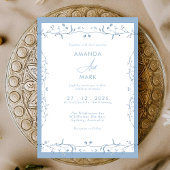 Minimalist Dusty Blue Chinoiserie Floral Wedding Kaart