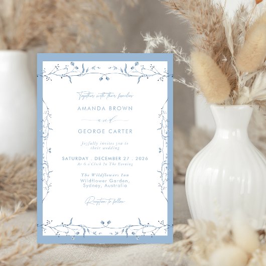 Minimalist Dusty Blue Chinoiserie Floral Wedding Kaart