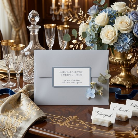 Minimalist Dusty Blue Elegant Monogram Wedding Etiket