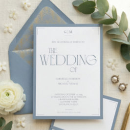 Minimalist Dusty Blue Elegant Monogram Wedding  Kaart