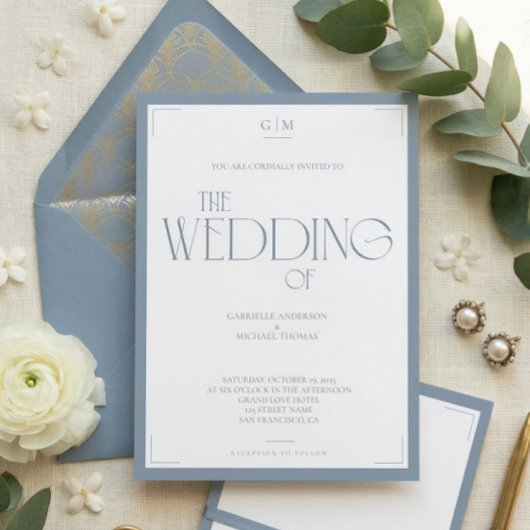 Minimalist Dusty Blue Elegant Monogram Wedding  Kaart