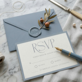 Minimalist Dusty Blue Elegant Monogram Wedding  RSVP Kaartje