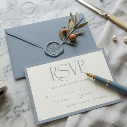 Minimalist Dusty Blue Elegant Monogram Wedding  RSVP Kaartje