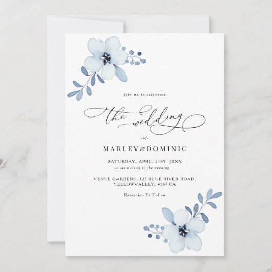 Minimalist Dusty Blue Floral Boho Wedding Kaart (Voorkant)