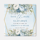 Minimalist Dusty Blue Floral Gold Save the Date Magneet (Voorkant)