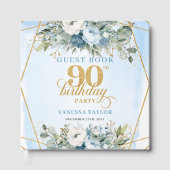 Minimalist Dusty Blue Floral Script 90th Birthday  Gastenboek (Voorkant)