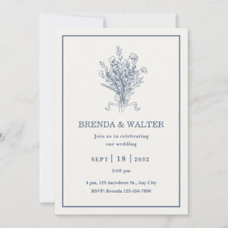 Minimalist Dusty Blue Floral Sketch Wedding  Kaart