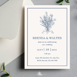 Minimalist Dusty Blue Floral Sketch Wedding  Kaart