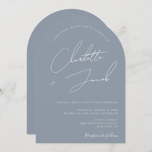 Minimalist Dusty Blue Modern Arch Wedding Kaart (Voorkant / Achterkant)