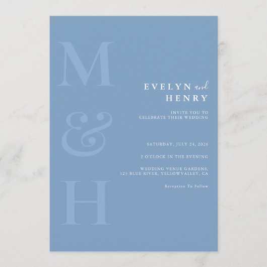Minimalist Dusty Blue Monogram Simple Wedding Kaart (Voorkant)