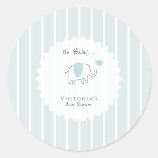 Minimalist Dusty Blue Oh Baby Elephant Baby Shower Ronde Sticker