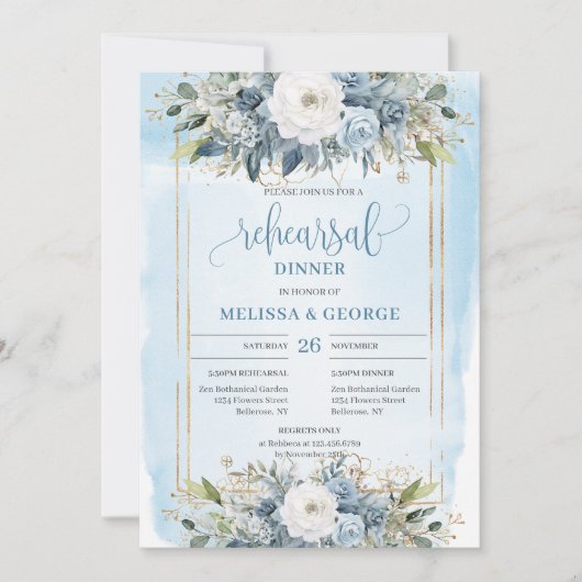 Minimalist Dusty Blue Peony Wedding Rehearsal Card Kaart (Voorkant)