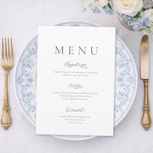 Minimalist Dusty Blue Wedding Menu Card Kaart