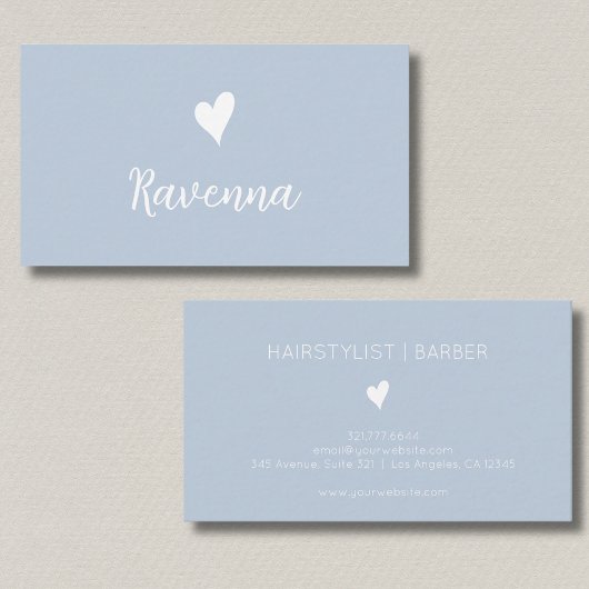 Minimalist Dusty Blue White Heart Barber Name Visitekaartje