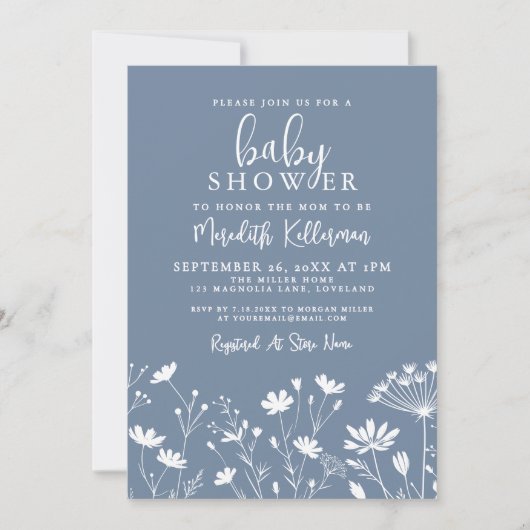 Minimalist Dusty Blue Wildflower Baby Shower Kaart (Voorkant)
