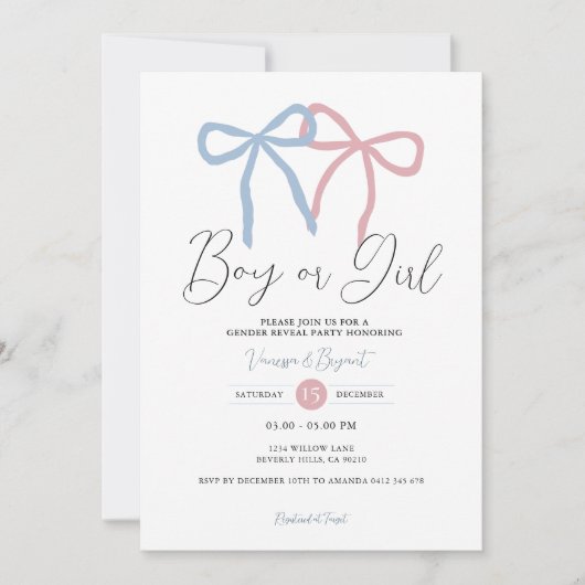 Minimalist Dusty Pink Blue Ribbon Gender Reveal Kaart (Voorkant)