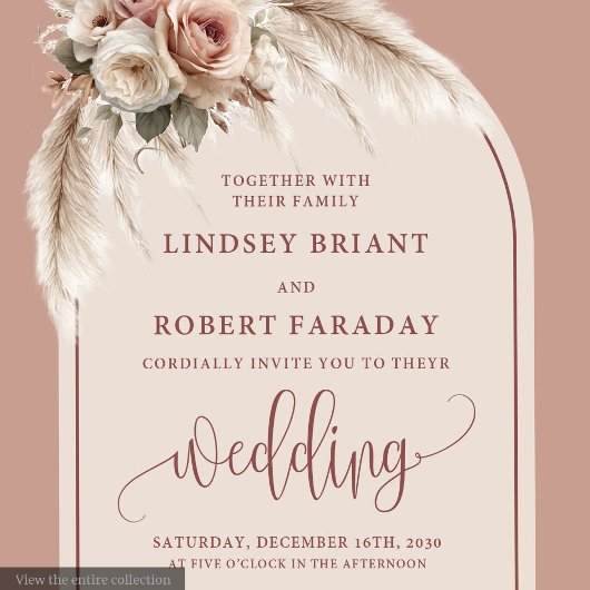 Minimalist Dusty Pink Pampas Arch Wedding Invites Kaart