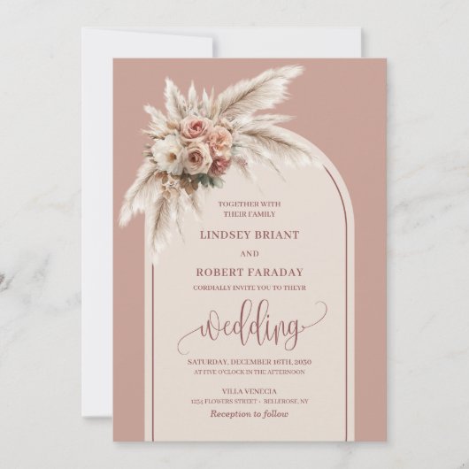 Minimalist Dusty Pink Pampas Arch Wedding Invites Kaart (Voorkant)