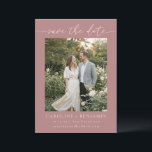 Minimalist Dusty Rose Script Photo Wedding  Save The Date<br><div class="desc">This save the date card features a dusty rose background, romantic script lettering, and a large engagement photo for a warm, elegant wedding announcement. The soft rose color and minimalist layout create a timeless look that works beautifully for modern romantic weddings. Perfect for couples planning a blush or dusty rose...</div>