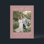 Minimalist Dusty Rose Script Photo Wedding  Save The Date<br><div class="desc">This save the date card features a dusty rose background, romantic script lettering, and a large engagement photo for a warm, elegant wedding announcement. The soft rose color and minimalist layout create a timeless look that works beautifully for modern romantic weddings. Perfect for couples planning a blush or dusty rose...</div>