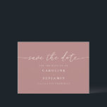 Minimalist Dusty Rose Script Wedding QR Code Save The Date<br><div class="desc">This save the date card features a dusty rose background with romantic script lettering and a clean minimalist layout. The elegant typography keeps the focus on the couple’s names and wedding date for a timeless announcement. The back includes space for a QR code that links guests directly to the wedding...</div>