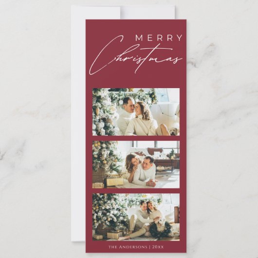 Minimalist Elegant 3 Photo Collage Red Christmas Feestdagenkaart (Voorkant)