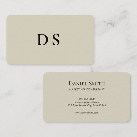 Minimalist Elegant Beige Monogram Initial Visitekaartje (Voorkant / Achterkant)