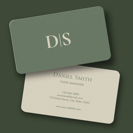 Minimalist Elegant Beige on Muted Green Initials Visitekaartje