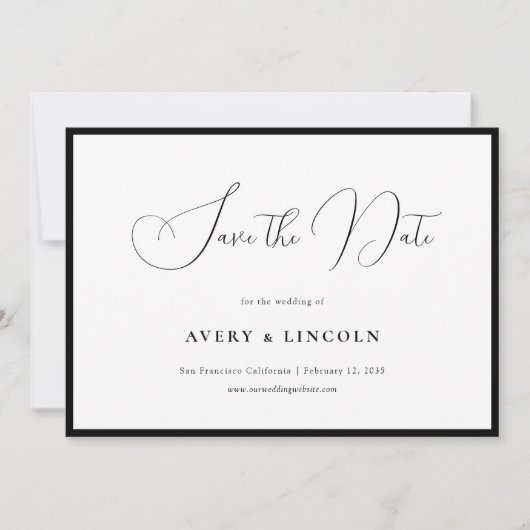 Minimalist Elegant Black Border Script Wedding Save The Date (Voorkant)
