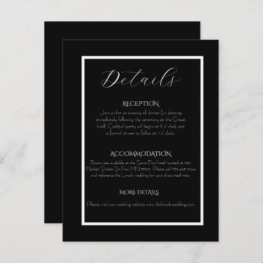 Minimalist Elegant Black & White Wedding Informatiekaartje (Voorkant / Achterkant)