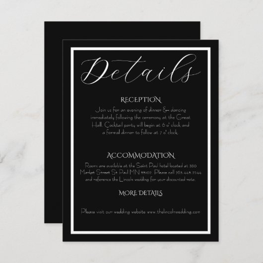 Minimalist Elegant Black & White Wedding Informatiekaartje (Voorkant / Achterkant)