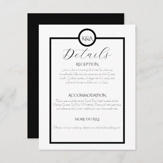 Minimalist Elegant Black & White Wedding  Informatiekaartje (Voorkant / Achterkant)