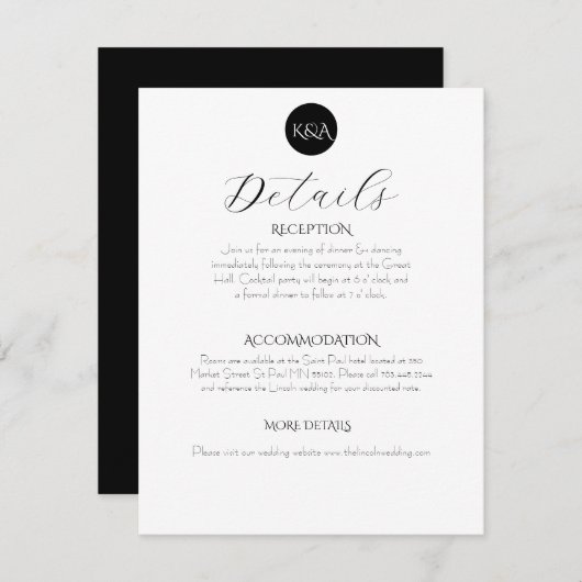Minimalist Elegant Black & White Wedding  Informatiekaartje (Voorkant / Achterkant)