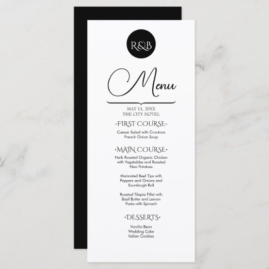 Minimalist Elegant Black & White Wedding Menu (Voorkant / Achterkant)