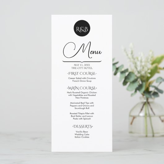 Minimalist Elegant Black & White Wedding Menu (Staand voorkant)