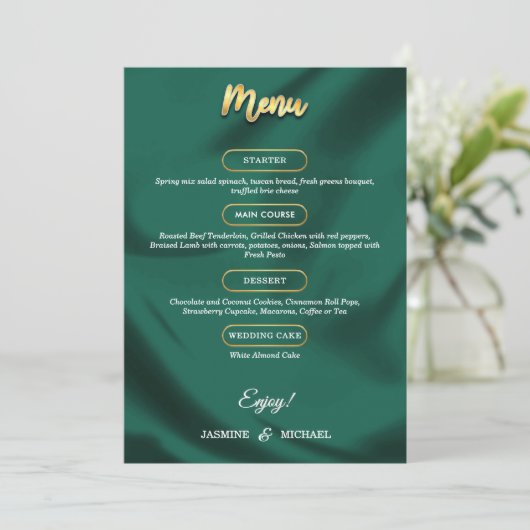 Minimalist Elegant Emerald & Gold Script Wedding Menu (Staand voorkant)