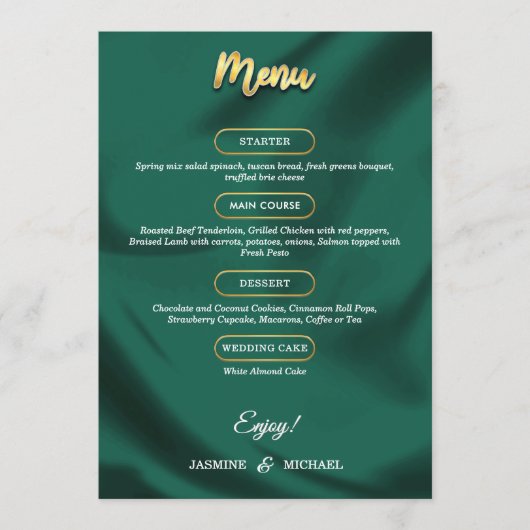 Minimalist Elegant Emerald & Gold Script Wedding  Menu (Voorkant)