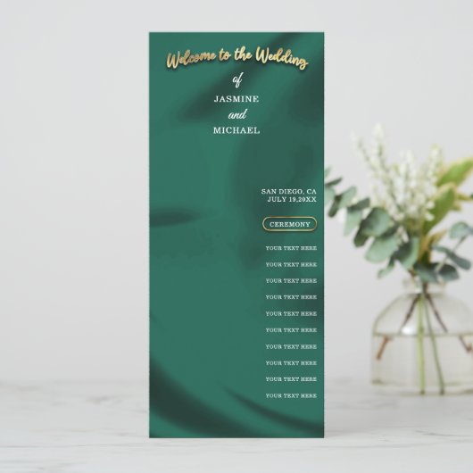 Minimalist Elegant Emerald & Gold Wedding Program  (Staand voorkant)