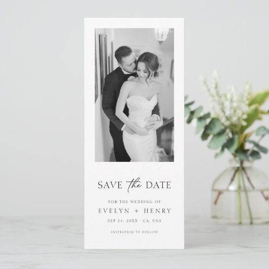 Minimalist Elegant Script Black and White Photo Save The Date (Staand voorkant)