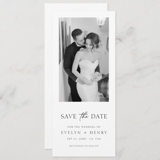 Minimalist Elegant Script Black and White Photo Save The Date (Voorkant / Achterkant)