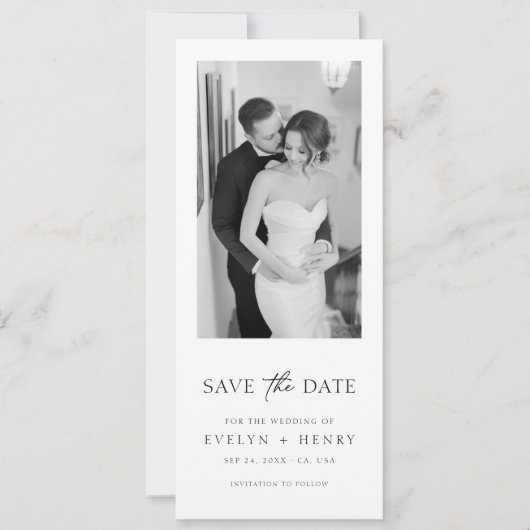 Minimalist Elegant Script Black and White Photo Save The Date (Voorkant)