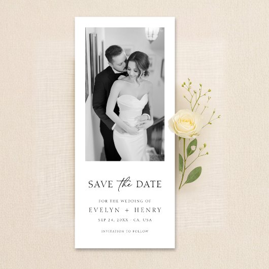 Minimalist Elegant Script Black and White Photo Save The Date