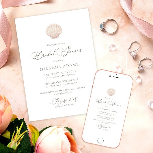 Minimalist Elegant Sea Shell Beach Bridal Shower Kaart