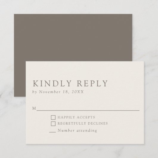 Minimalist Elegant Taupe Neutral Kindly Reply RSVP Kaartje (Voorkant / Achterkant)