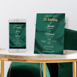 Minimalist Emerald and Gold Foil Script Wedding  Kaart