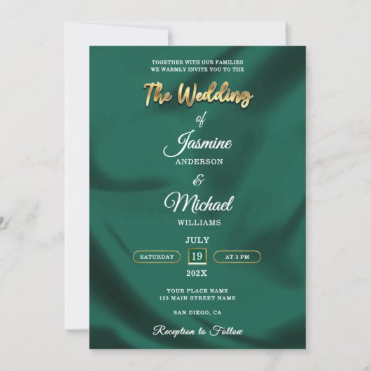 Minimalist Emerald and Gold Foil Script Wedding Kaart (Voorkant)