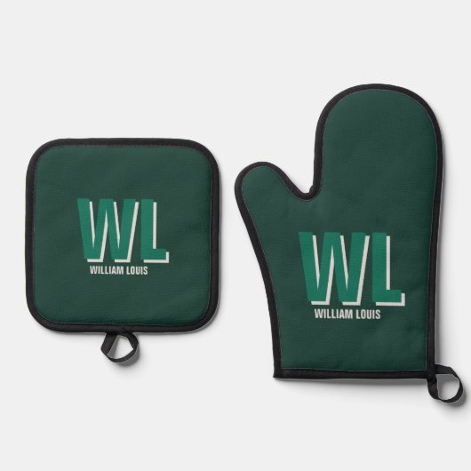 Minimalist Emerald Green Personalized Monogram  Ovenwant & Pannenlap Set (Voorkant)