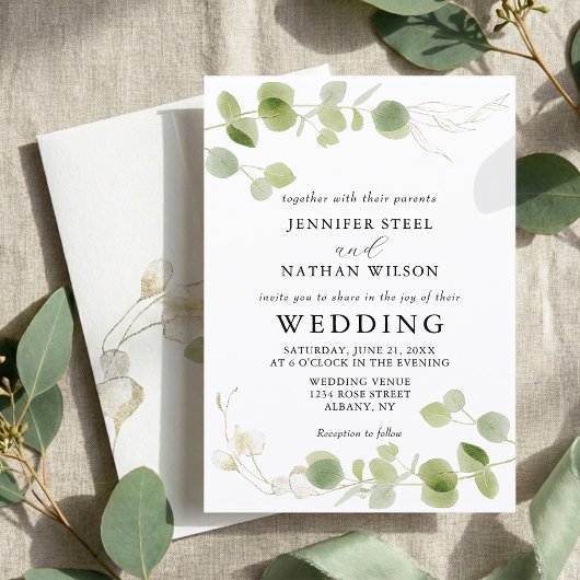 Minimalist Eucalyptus Green Foliage Classy Wedding Kaart