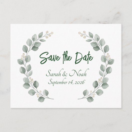 Minimalist Eucalyptus Wreath Save the Date custom Aankondigingskaart (Voorkant)