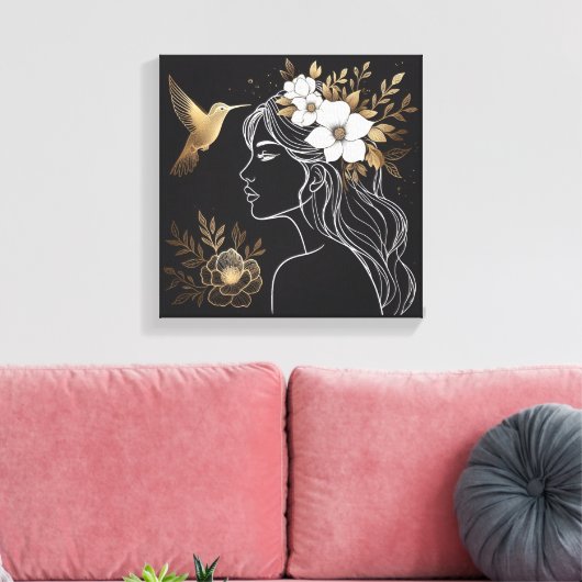 Minimalist Feminine Wall Art with Gold Botanical Canvas Afdruk (Insitu (Woonkamer))